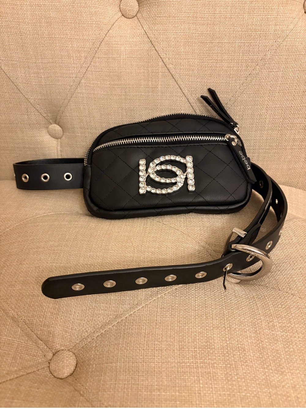 bebe Black Quilted Crossbody Belt Bag with Crystal Logo Accent